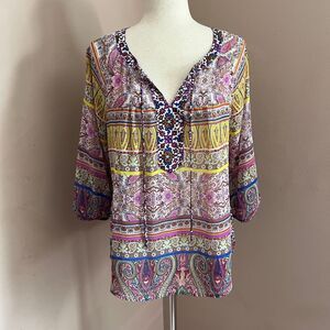 Fig & Flower Boho Patchwork Paisley Blouse Lace Back Peasant PXL